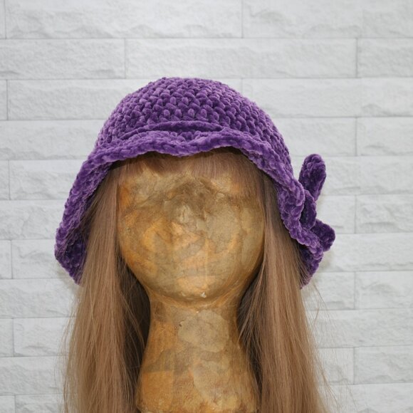 HAND CRAFTED Crochet Bucket Hat Grape Floppy Chenille Boho Wide Brim Bow Purple - Picture 2 of 10